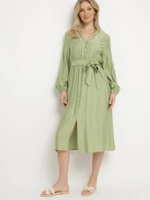 Zielona Sukienka z Wiskozą o Rozkloszowanym Kroju z Wiązaniem i Haftem Velvania unigirl