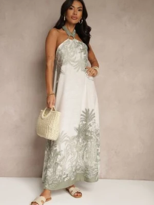 Zielona Sukienka z Wiskozą Ozdobiona Wiązaniem i Wzorem Palm Folenella pretty