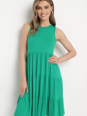 Zielona Sukienka z Wiskozy Bez Rękawów z Rozkloszowanymi Falbanami Heona