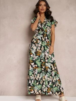 Zielono-Czarna Sukienka z Wiskozy Maxi w Kwiaty Mahiza