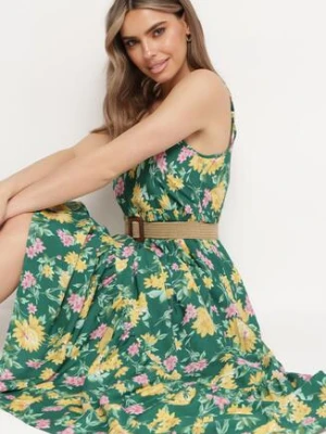 Zielona Sukienka z Wiskozy na Cienkich Ramiączkach z Falbanką Jrinesa cflo