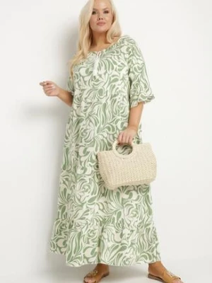 Zielona Sukienka z Wiskozy o Prostym Kroju z Wiązaniem w Roślinny Wzór Edirania j&x