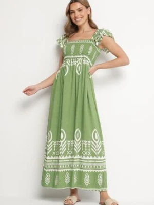 Zielona Sukienka z Wiskozy o Rozkloszowanym Kroju w Ornamentalny Wzór Lisolira h&s