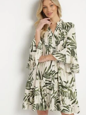 Zielona Sukienka z Wiskozy o Rozkloszowanym Kroju z Falbanami w Roślinny Wzór Ridiara m&d fashion
