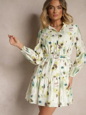 Zielona Sukienka z Wiskozy o Rozkloszowanym Kroju z Paskiem w Abstrakcyjny Print Stalitte bisou's project