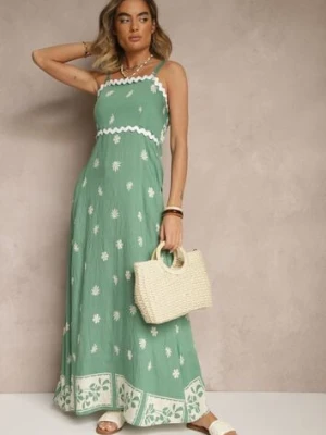 Zielona Sukienka z Wiskozy Ozdobiona Geometrycznym Motywem Lunessa cflo