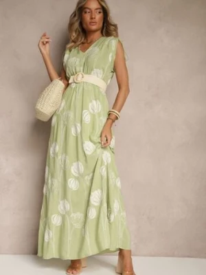 Zielona Sukienka z Wiskozy Ozdobiona Haftami Lumamire j&x