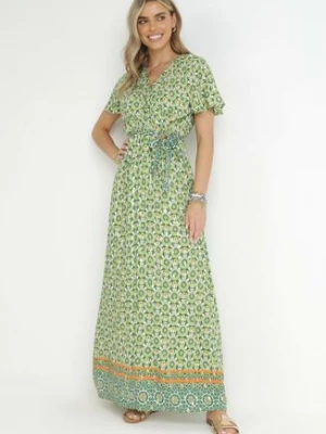 Zielona Sukienka z Wiskozy w Etno Wzór z Gumką i Paskiem w Talii Lucassa cflo
