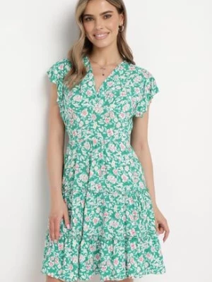 Zielona Sukienka z Wiskozy w Kwiatowy Wzór z Kopertowym Dekoltem Avafia