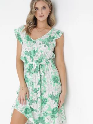 Zielona Sukienka z Wiskozy w Kwiaty Fannio