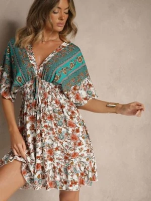 Zielona Sukienka z Wiskozy w Kwiaty Zdobiona Wiązaniem na Plecach Latorea cflo