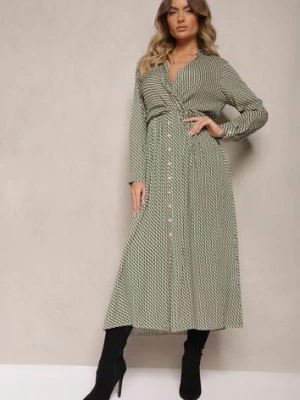 Zielona Sukienka z Wiskozy w Pepitkę o Kopertowym Kroju z Gumkami w Talii Vaileissa rosa