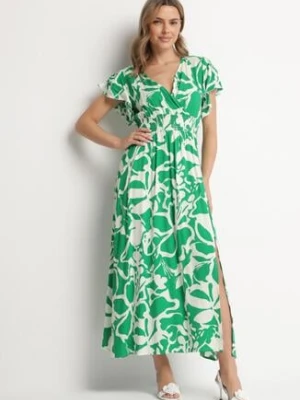 Zielona Sukienka z Wiskozy z Kopertowym Dekoltem w Abstrakcyjny Wzór Taslevi h&s