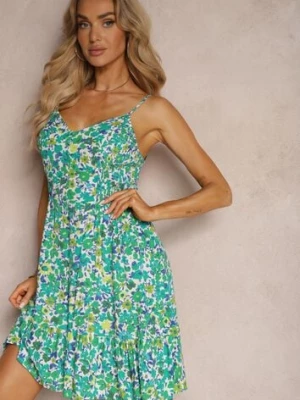 Zielona Sukienka z Wiskozy z Marszczonym Dekoltem na Ramiączkach Ozdobiona Guzikami Dimalle cflo