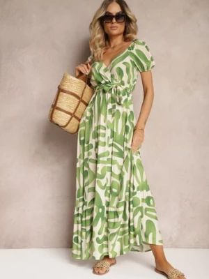 Zielona Sukienka z Wiskozy z Trójkątnym Dekoltem i Gumką w Pasie z Materiałowym Paskiem Viketa
