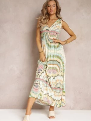 Zielona Sukienka z Wiskozy ze Wzorem Tie Dye z Gumką w Talii Brisea sweet&girl
