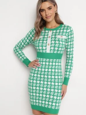 Zielona Sweterkowa Sukienka z Guzikami Bileldeme