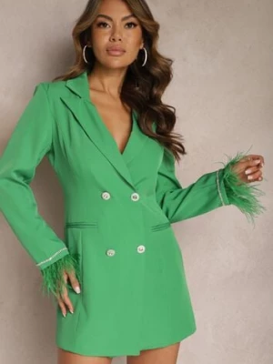 Zielona Taliowana Sukienka Mini Marynarka z Piórkami i Cyrkoniami Cammano lovery