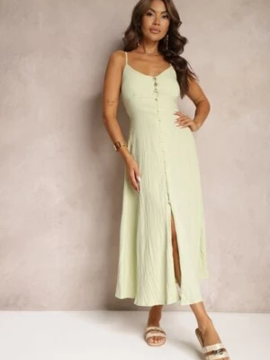 Zielona Taliowana Sukienka na Guziki na Ramiączkach z Regulacją Quafea rosa