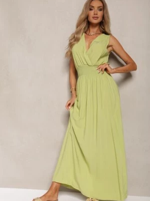 Zielona Taliowana Sukienka z Wiskozy Wykończona Gumkami w Talii i Kopertowym Dekoltem Kairidia cflo