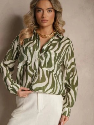 Zielona Transparentna Koszula z Wiskozy o Klasycznym Kroju w Print Zebra Covianne viola&c