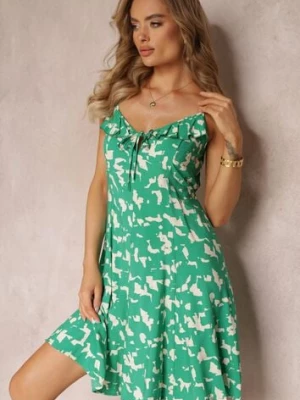 Zielona Trapezowa Sukienka Mini na Ramiączkach z Gumką w Pasie Darhisa cflo