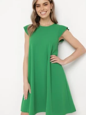 Zielona Trapezowa Sukienka Mini z Krótkim Rękawem i Falbanką Nellife