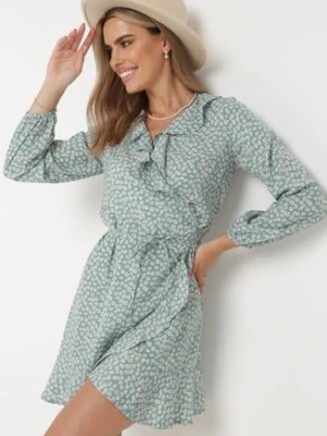 Zielona Wiązana Sukienka Mini z Falbanką przy Dekolcie Haikia rosa