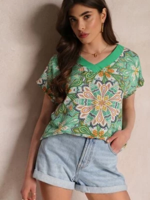Zielona Wiskozowa Bluzka z Krótkimi Rękawami w Kwiatki Gamila cflo
