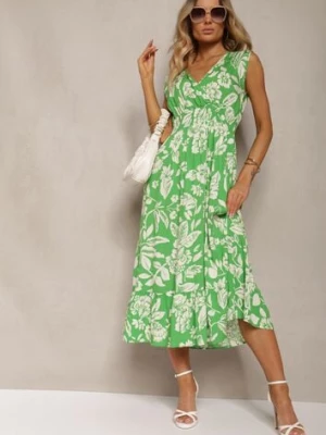 Zielona Wiskozowa Kwiatowa Sukienka Wykończona Gumką w Pasie o Rozkloszowanym Kroju Keranea h&s