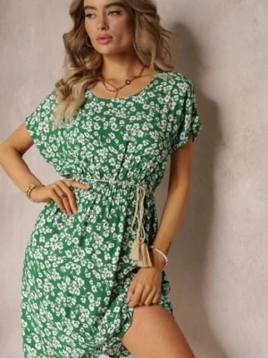 Zielona Wiskozowa Mini Sukienka w Kwiatowy Print z Gumką w Pasie Frolia j&x