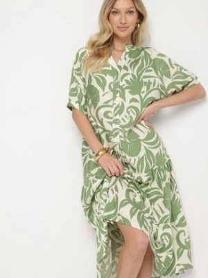 Zielona Wiskozowa Rozkloszowana Sukienka z Falbaną Filindania j&x