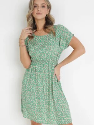 Zielona Wiskozowa Rozkloszowana Sukienka z Gumką w Talii w Kwiaty Heidene j&x