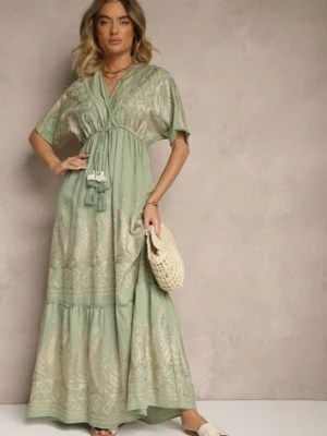 Zielona Wiskozowa Sukienka Boho o Kopertowym Kroju z Metalicznym Haftem Redeselle rosa