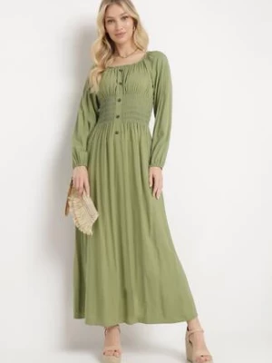 Zielona Wiskozowa Sukienka Hiszpanka o Rozkloszowanym Kroju z Guzikami Allcera