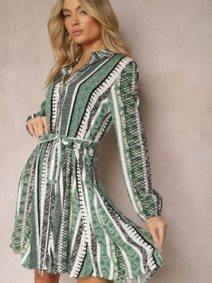 Zielona Wiskozowa Sukienka Koszulowa z Paskiem w Talii Rozkloszowana Urdiasa cflo