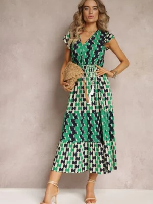 Zielona Wiskozowa Sukienka Maxi z Gumką w Talii i Falbankami przy Ramionach Baldise