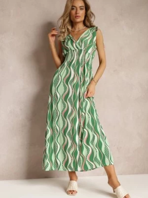 Zielona Wiskozowa Sukienka Maxi z Gumkami w Pasie i Ściągaczami na Ramionach Kaesa sweet&girl