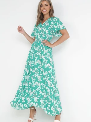 Zielona Wiskozowa Sukienka Maxi z Gumkami w Talii i Kopertowym Dekoltem Olemenia M&d Fashion