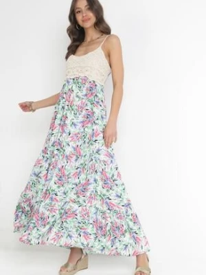 Zielona Wiskozowa Sukienka Maxi z Szydełkową Górą i Rozkloszowanym Dołem Eumila rosa