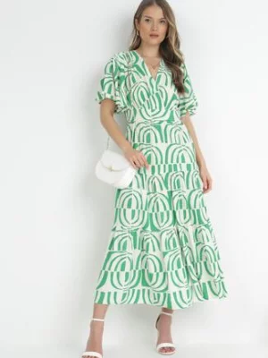 Zielona Wiskozowa Sukienka Maxi z Wiązaniem na Plecach i Krótkim Rękawem Zanae