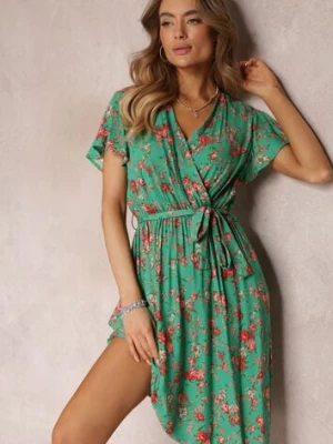Zielona Wiskozowa Sukienka Midi w Kwiaty z Gumką w Pasie i Materiałowym Paskiem Aidenia cflo