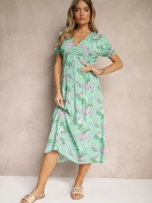 Zielona Wiskozowa Sukienka Midi z Krótkimi Rękawami i Głębokim Dekoltem Emsle melya by melody