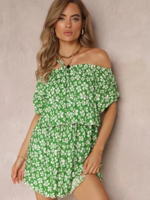 Zielona Wiskozowa Sukienka Mini Hiszpanka z Gumką w Pasie Bradite j&x