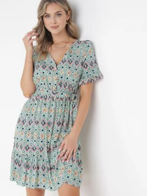 Zielona Wiskozowa Sukienka Mini z Gumką i Materiałowym Paskiem w Pasie Upshaw cflo