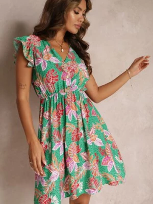 Zielona Wiskozowa Sukienka Mini z Gumką w Pasie i Ozdobnymi Guzikami Trypha cflo