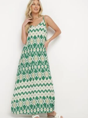 Zielona Wiskozowa Sukienka na Regulowanych Ramiączkach o Geometrycznym Wzorze Vididia rosa
