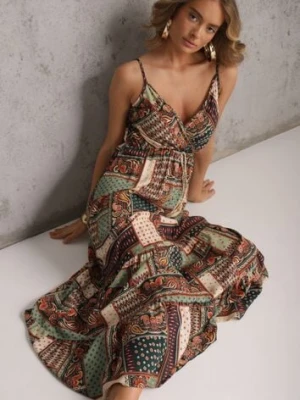 Zielona Wiskozowa Sukienka o Kopertowym Kroju w Print Patchwork Grehan rosa