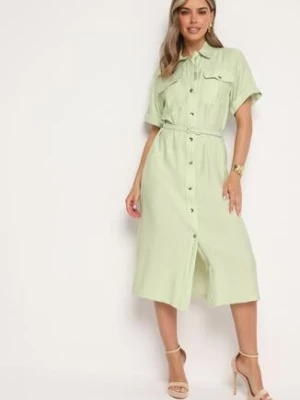 Zielona Wiskozowa Sukienka o Koszulowym Kroju z Paskiem Nelavyn unigirl