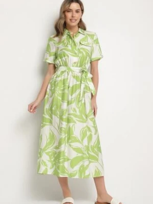 Zielona Wiskozowa Sukienka o Koszulowym Kroju z Wiązanym Paskiem Uloanna h&s